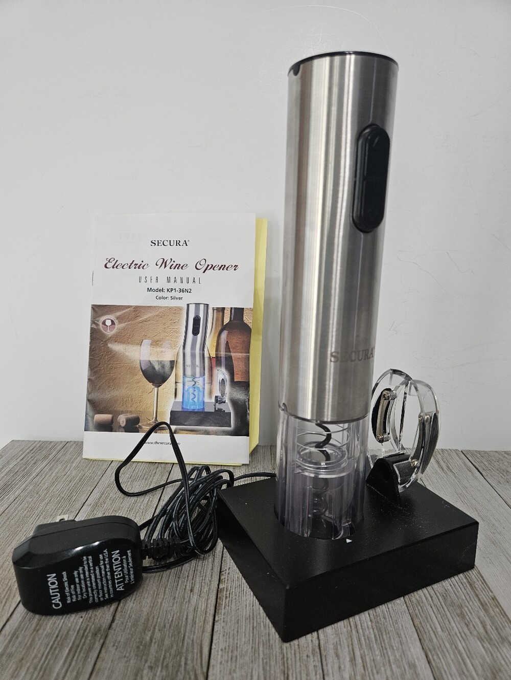 Secura Electric Wine Opener KP1-36N2 Silver with User Manual.Pre-owned in exce